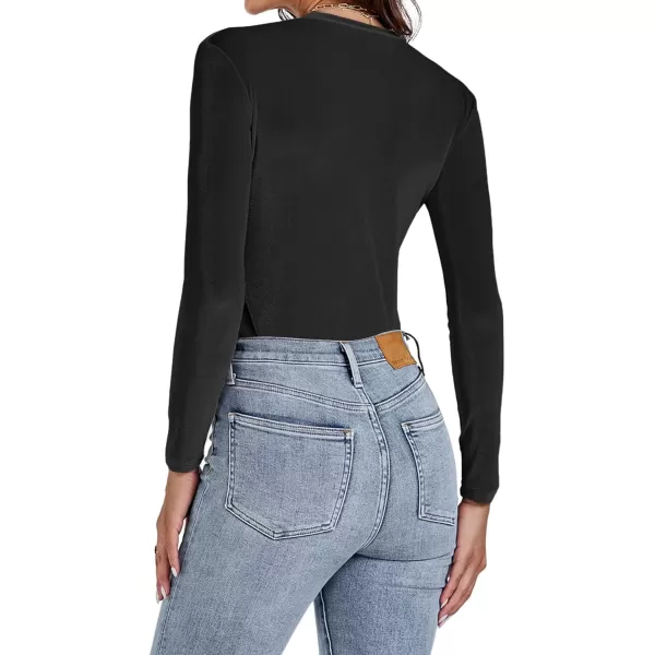 LYANER Women's Velvet Crew Neck Slim Fit Long Sleeve Bodysuit Leotard Top