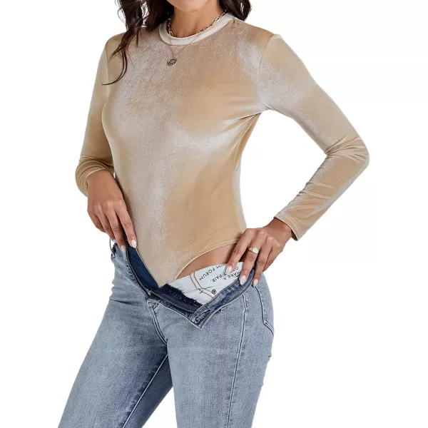 LYANER Women's Velvet Crew Neck Slim Fit Long Sleeve Bodysuit Leotard Top