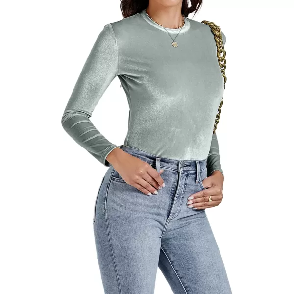 LYANER Women's Velvet Crew Neck Slim Fit Long Sleeve Bodysuit Leotard Top