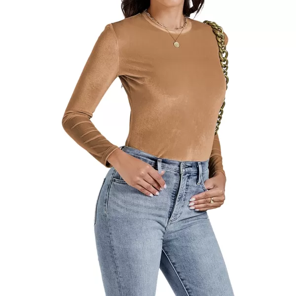 LYANER Women's Velvet Crew Neck Slim Fit Long Sleeve Bodysuit Leotard Top