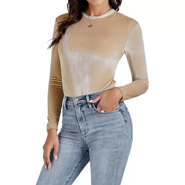 LYANER Women's Velvet Crew Neck Slim Fit Long Sleeve Bodysuit Leotard Top