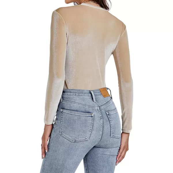 LYANER Women's Velvet Crew Neck Slim Fit Long Sleeve Bodysuit Leotard Top