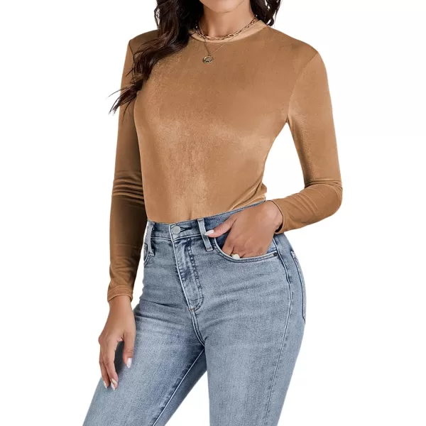 LYANER Women's Velvet Crew Neck Slim Fit Long Sleeve Bodysuit Leotard Top