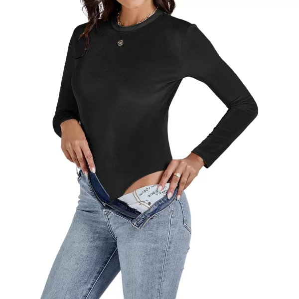 LYANER Women's Velvet Crew Neck Slim Fit Long Sleeve Bodysuit Leotard Top
