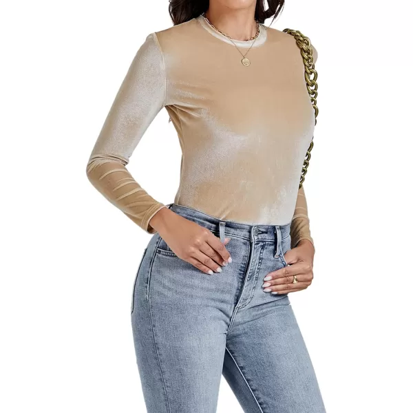 LYANER Women's Velvet Crew Neck Slim Fit Long Sleeve Bodysuit Leotard Top