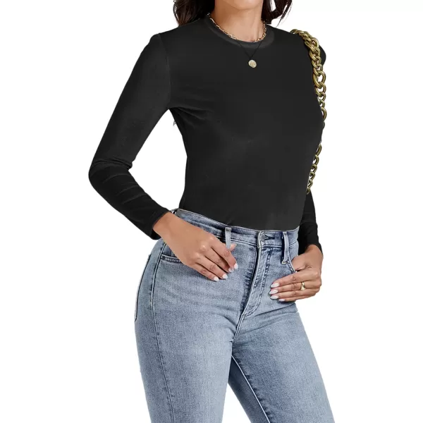 LYANER Women's Velvet Crew Neck Slim Fit Long Sleeve Bodysuit Leotard Top