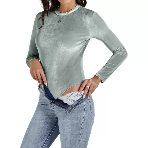 LYANER Women's Velvet Crew Neck Slim Fit Long Sleeve Bodysuit Leotard Top