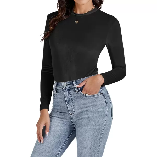 LYANER Women's Velvet Crew Neck Slim Fit Long Sleeve Bodysuit Leotard Top