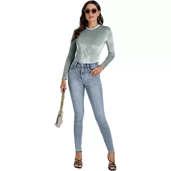 LYANER Women's Velvet Crew Neck Slim Fit Long Sleeve Bodysuit Leotard Top