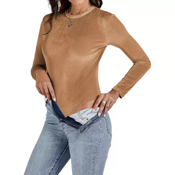 LYANER Women's Velvet Crew Neck Slim Fit Long Sleeve Bodysuit Leotard Top