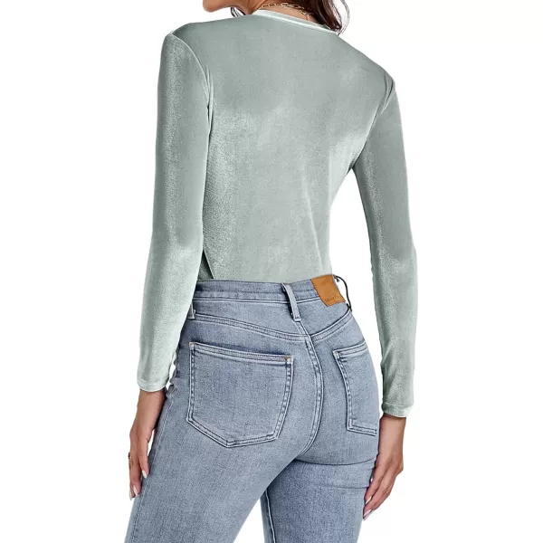 LYANER Women's Velvet Crew Neck Slim Fit Long Sleeve Bodysuit Leotard Top