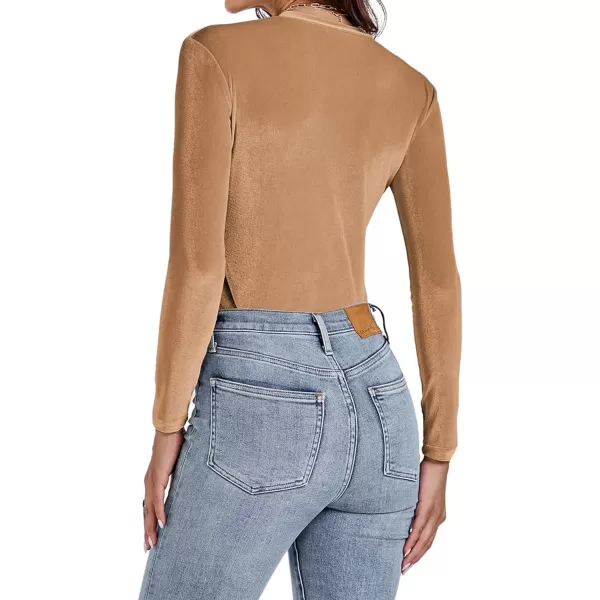LYANER Women's Velvet Crew Neck Slim Fit Long Sleeve Bodysuit Leotard Top