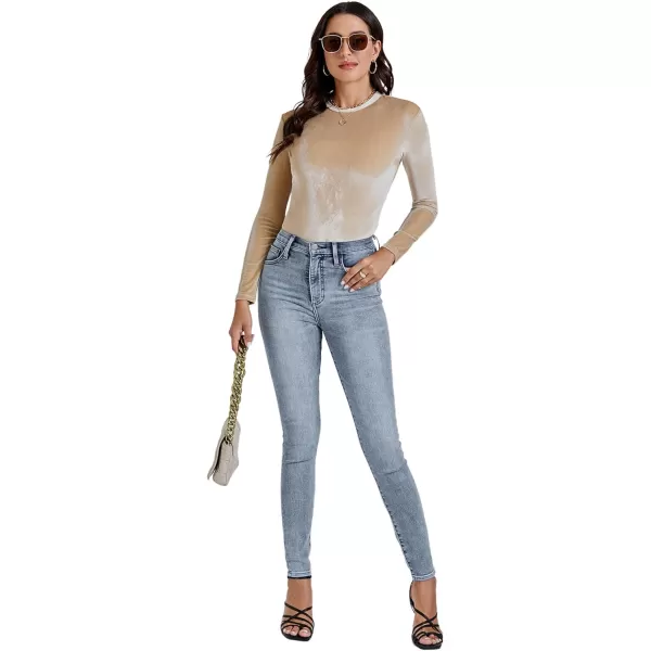 LYANER Women's Velvet Crew Neck Slim Fit Long Sleeve Bodysuit Leotard Top