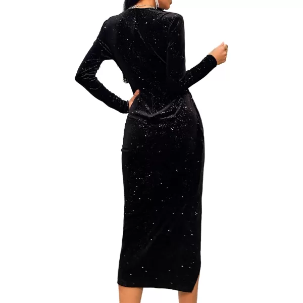 LYANER Women's Velvet Deep V Neck Wrap Split Hem Long Sleeve Midi Dress