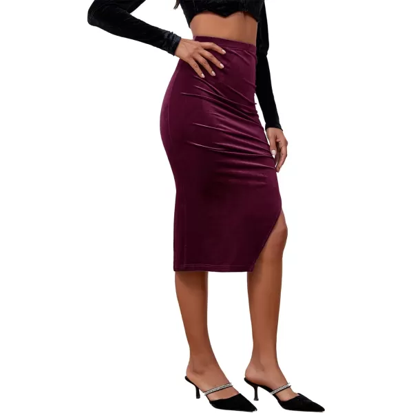 LYANER Women's Velvet Ruched Side Split Hem High Waist Bodydon Midi Pencil Skirt