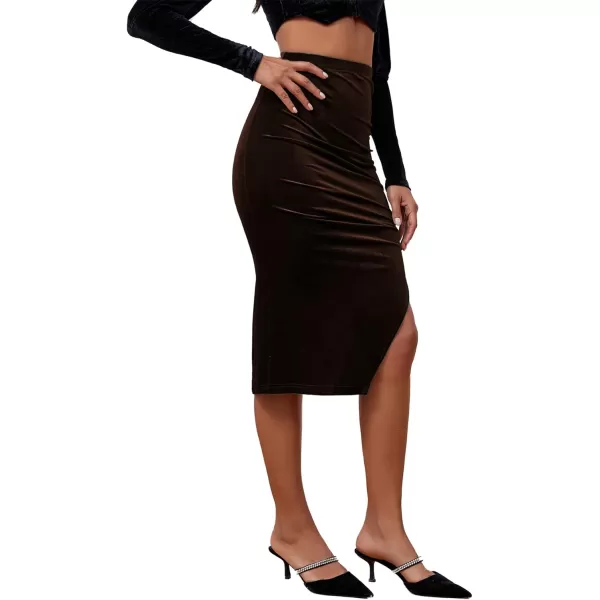 LYANER Women's Velvet Ruched Side Split Hem High Waist Bodydon Midi Pencil Skirt