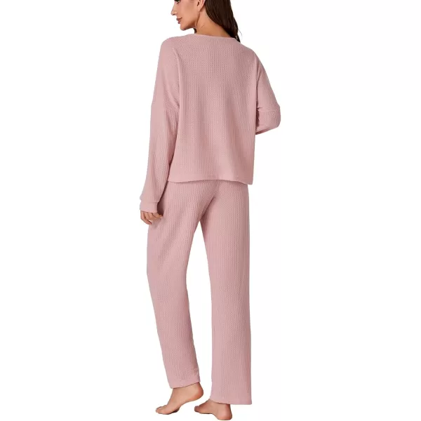 LYANER Women's Waffle Knit Pajamas Set Long Sleeve Top with Pants Loungewear 2 Piece Sleepwear