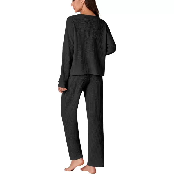 LYANER Women's Waffle Knit Pajamas Set Long Sleeve Top with Pants Loungewear 2 Piece Sleepwear