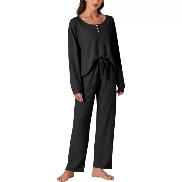 LYANER Women's Waffle Knit Pajamas Set Long Sleeve Top with Pants Loungewear 2 Piece Sleepwear