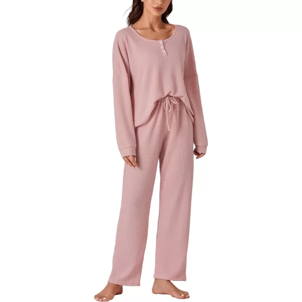 LYANER Women's Waffle Knit Pajamas Set Long Sleeve Top with Pants Loungewear 2 Piece Sleepwear