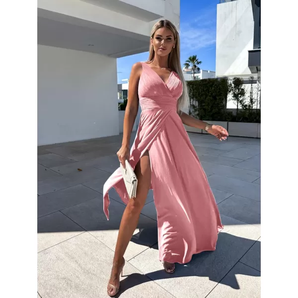 LYANER Women’s Warp V Neck High Waist Ruched High Split Sleeveless Party Club Maxi Dress