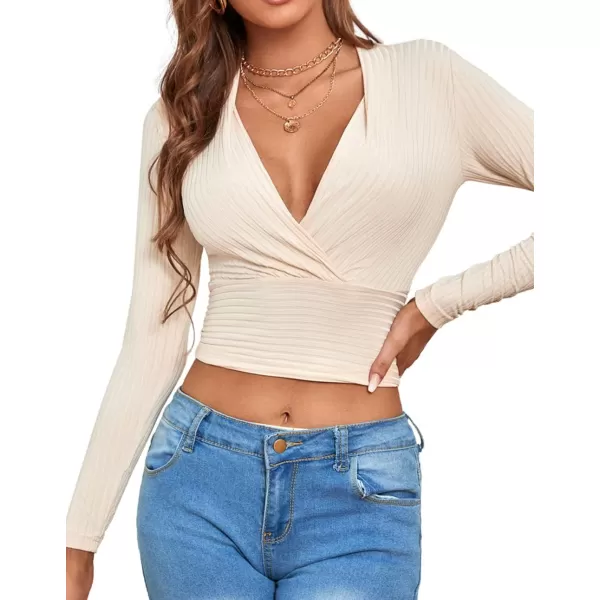 LYANER Women's Wrap Deep V Neck Long Sleeve Rib Knit Slim Sexy Crop Top Blouse