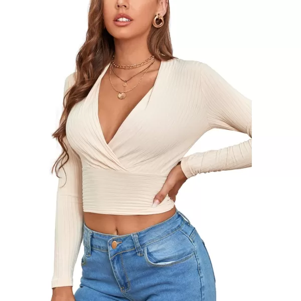 LYANER Women's Wrap Deep V Neck Long Sleeve Rib Knit Slim Sexy Crop Top Blouse