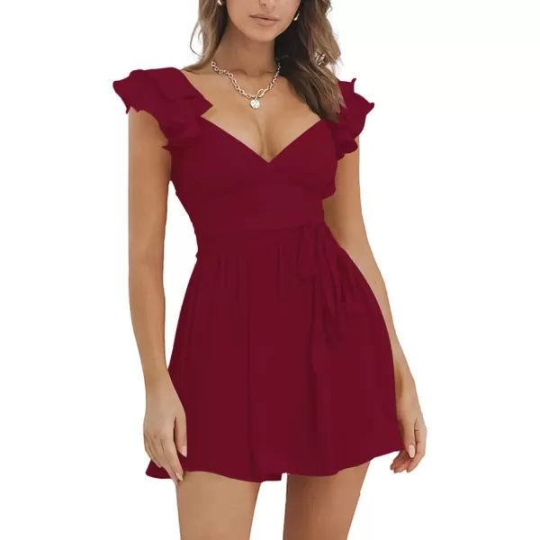 LYANER Women's Wrap Deep V Neck Ruffle Cap Sleeve Tie Waist Sexy Swing Skater Mini Dress