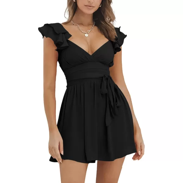 LYANER Women's Wrap Deep V Neck Ruffle Cap Sleeve Tie Waist Sexy Swing Skater Mini Dress