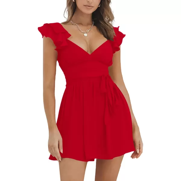 LYANER Women's Wrap Deep V Neck Ruffle Cap Sleeve Tie Waist Sexy Swing Skater Mini Dress