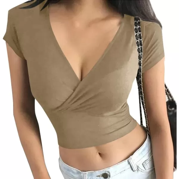 LYANER Women's Wrap Deep V Neck Short Sleeve Slim Fitted Solid Crop Tee Shirt Top