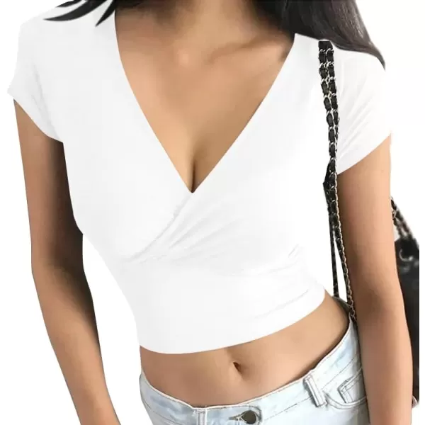 LYANER Women's Wrap Deep V Neck Short Sleeve Slim Fitted Solid Crop Tee Shirt Top