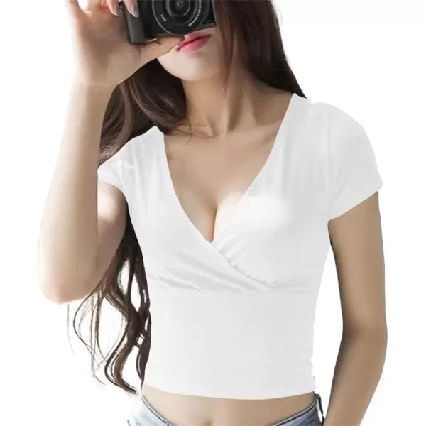 LYANER Women's Wrap Deep V Neck Short Sleeve Slim Fitted Solid Crop Tee Shirt Top