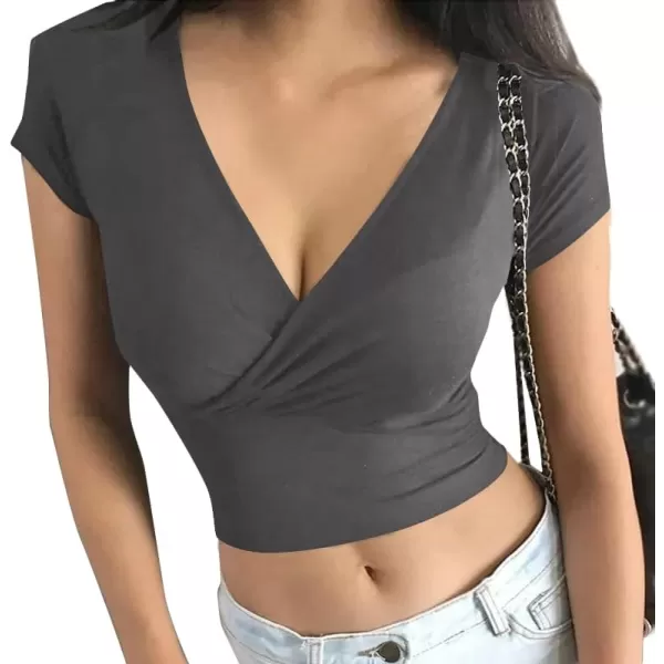 LYANER Women's Wrap Deep V Neck Short Sleeve Slim Fitted Solid Crop Tee Shirt Top