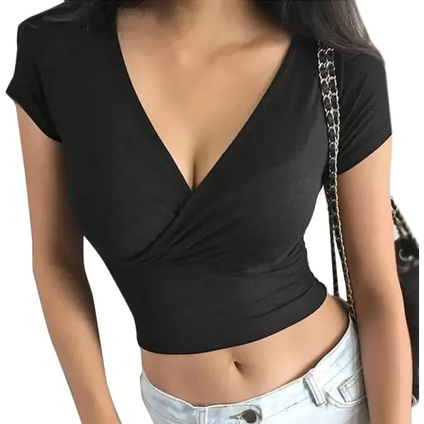 LYANER Women's Wrap Deep V Neck Short Sleeve Slim Fitted Solid Crop Tee Shirt Top