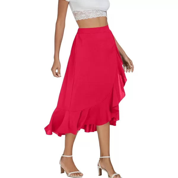 LYANER Women's Wrap Front Self Tie Knot High Low Ruffle Hem Split Midi Skirt