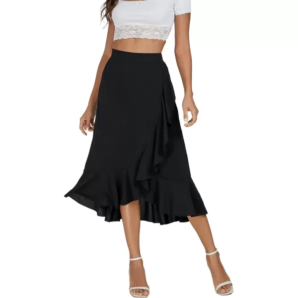 LYANER Women's Wrap Front Self Tie Knot High Low Ruffle Hem Split Midi Skirt