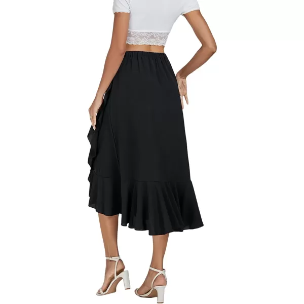 LYANER Women's Wrap Front Self Tie Knot High Low Ruffle Hem Split Midi Skirt