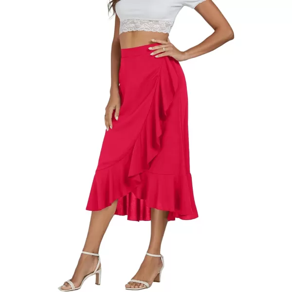 LYANER Women's Wrap Front Self Tie Knot High Low Ruffle Hem Split Midi Skirt