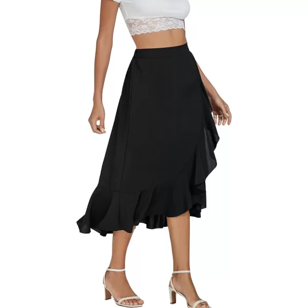 LYANER Women's Wrap Front Self Tie Knot High Low Ruffle Hem Split Midi Skirt