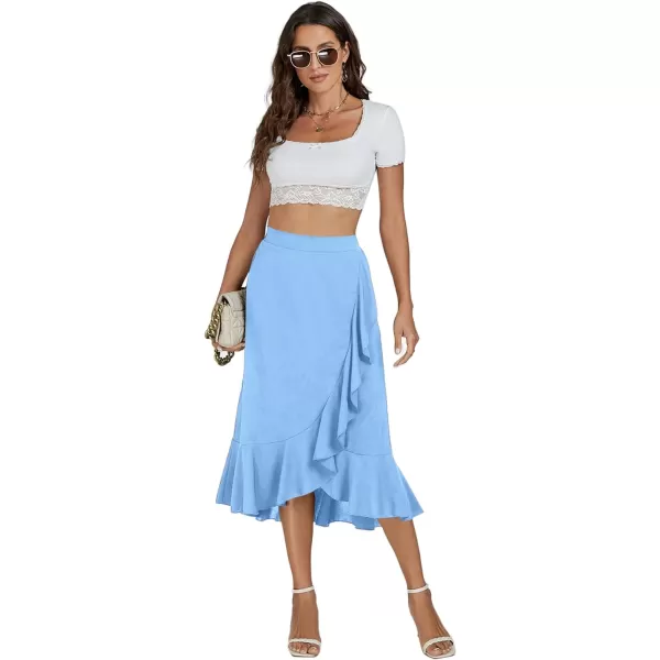 LYANER Women's Wrap Front Self Tie Knot High Low Ruffle Hem Split Midi Skirt