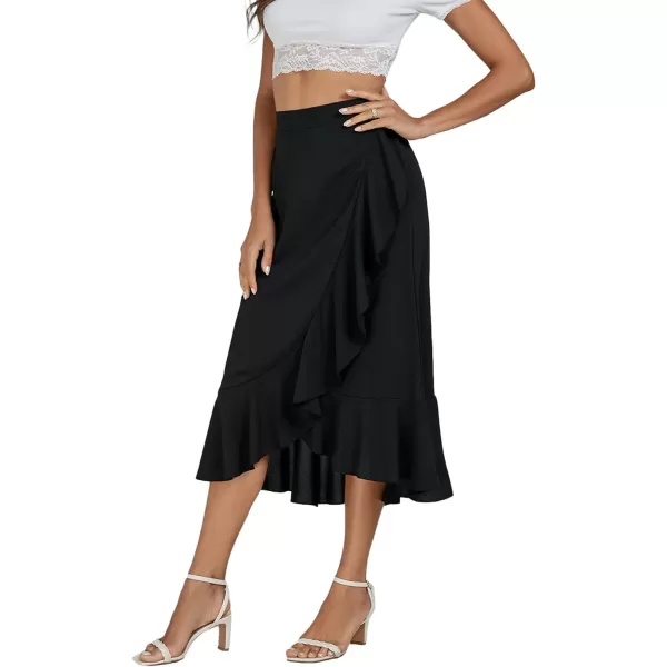 LYANER Women's Wrap Front Self Tie Knot High Low Ruffle Hem Split Midi Skirt