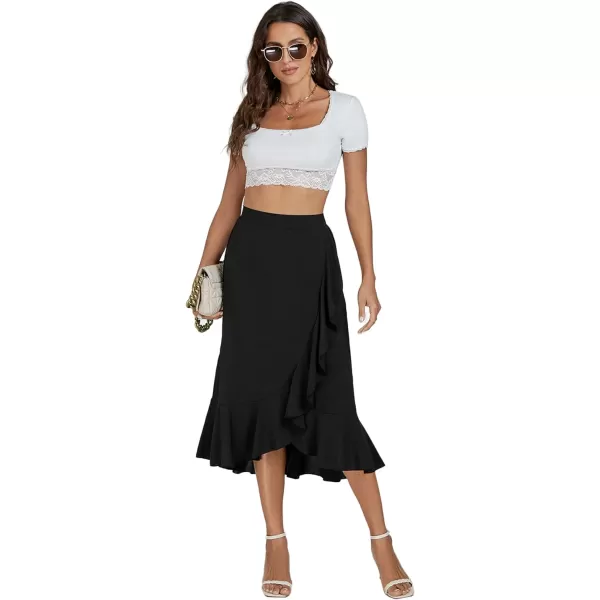 LYANER Women's Wrap Front Self Tie Knot High Low Ruffle Hem Split Midi Skirt