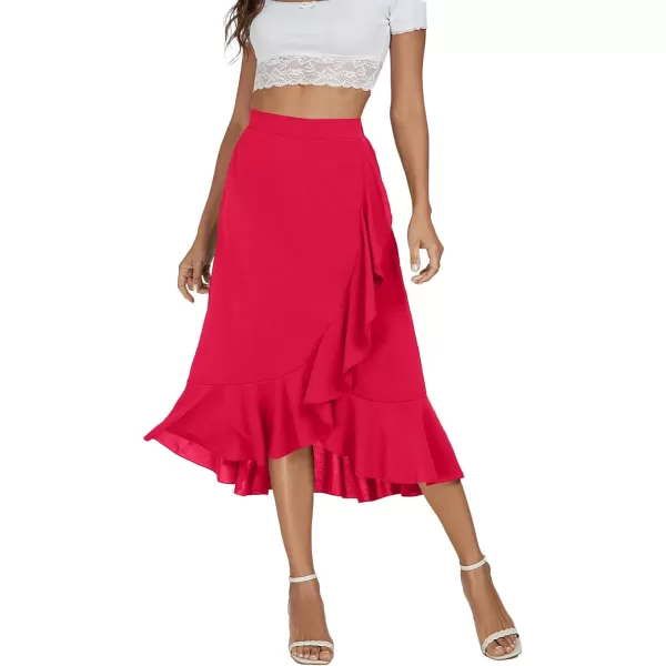 LYANER Women's Wrap Front Self Tie Knot High Low Ruffle Hem Split Midi Skirt