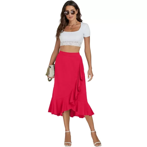 LYANER Women's Wrap Front Self Tie Knot High Low Ruffle Hem Split Midi Skirt