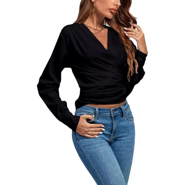 LYANER Women's Wrap V Neck Long Sleeve Tie Back Ruched Crop Top Blouse Shirt