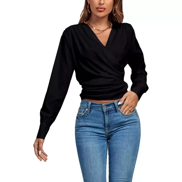 LYANER Women's Wrap V Neck Long Sleeve Tie Back Ruched Crop Top Blouse Shirt