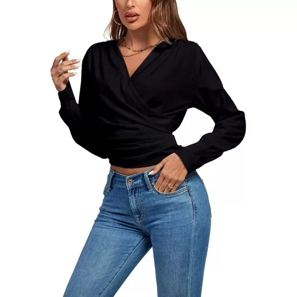 LYANER Women's Wrap V Neck Long Sleeve Tie Back Ruched Crop Top Blouse Shirt