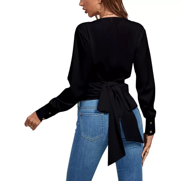LYANER Women's Wrap V Neck Long Sleeve Tie Back Ruched Crop Top Blouse Shirt
