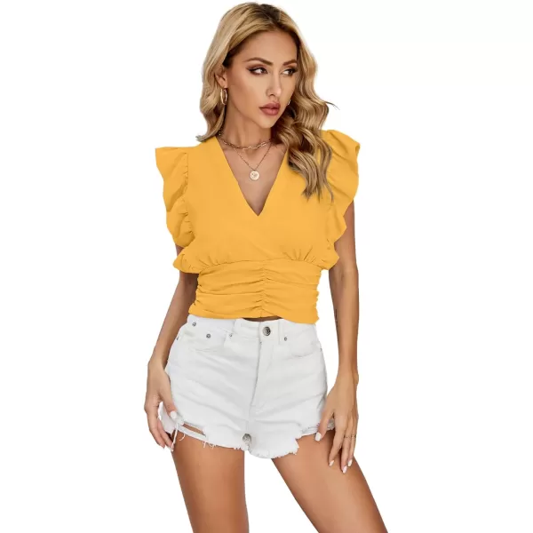LYANER Women’s Wrap V Neck Ruffle Cap Sleeve Crop Top Shirred Hem Sleeveless Blouse Tank Top